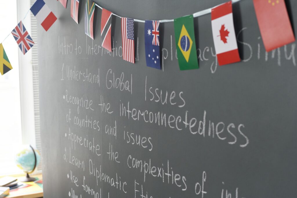 Blackboard with flags in the classroom
